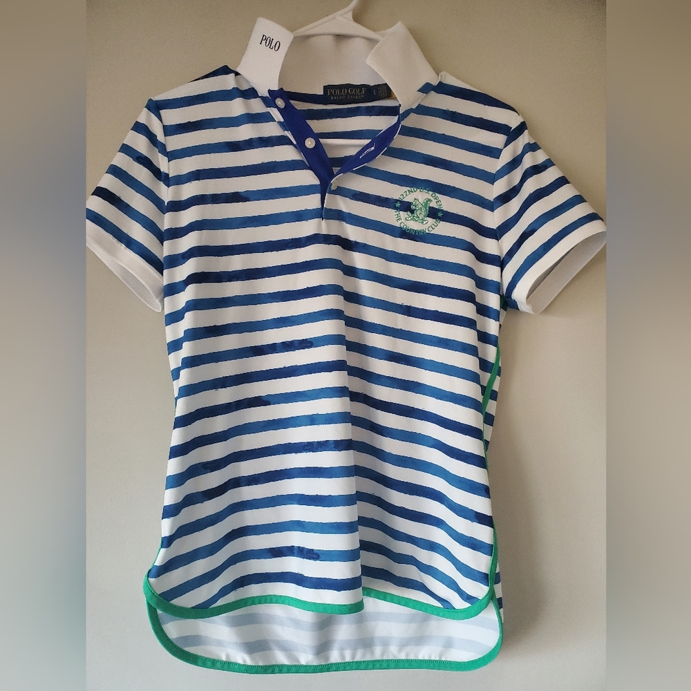 Polo Golf Ralph Lauren Performance Blue Art Stripe Polo with 122 US Open Logo